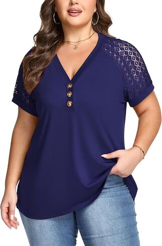 Plus Size Tops for Women Casual Lace Short Sleeve Summer Shirts Loose Fit Button Down Blouse Shirt in Kuwait