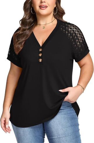 Plus Size Tops for Women Casual Lace Short Sleeve Summer Shirts Loose Fit Button Down Blouse Shirt in Saudi Arabia