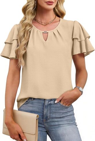 Chulianyouhuo Women Dressy Casual Textured Tops Ruffle Short Sleeve T Shirts Cute V Neck Pleated Summer Business Work Blouse in Kuwait