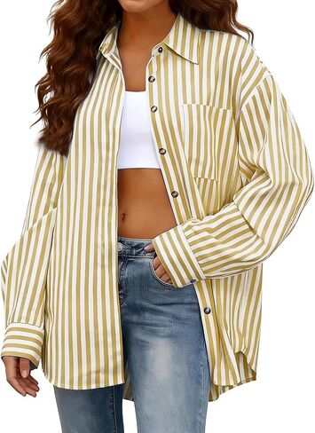 Women's Striped Button Down Shirts Casual Long Sleeve Stylish Collared Classic Office Work Blouses Tops in Saudi Arabia