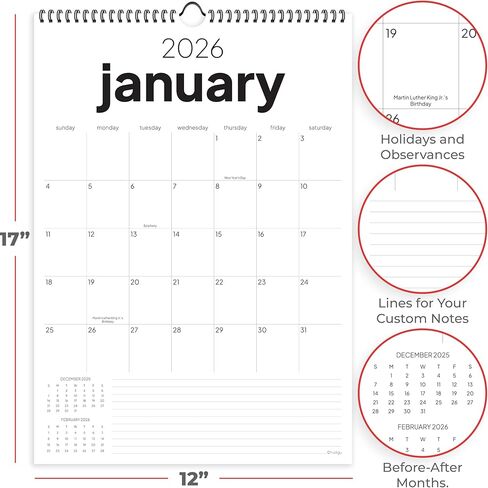 2026 Calendar, 12 Months, January to December, 17" x 12", Large Wall Calendar 2026 with Hanger, Calendar 2026 for Wall, 2026 Calendar Planner, Thick Paper, Spiral Binding, Simple and Aesthetic Design. in Kuwait