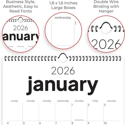 2026 Calendar, 12 Months, January to December, 17" x 12", Large Wall Calendar 2026 with Hanger, Calendar 2026 for Wall, 2026 Calendar Planner, Thick Paper, Spiral Binding, Simple and Aesthetic Design. in Kuwait