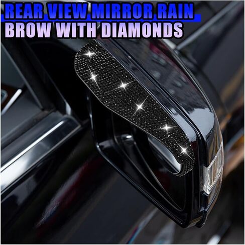 2PCS Bling Car Side Mirror Rain Visor Guard, Rhinestones Car Rear View Mirror Rain Eyebrows, Rainproof Vehicle Side Mirrors Smoke Shade Cover, Auto Decoration Accessory for Truck, SUV Cars (Black) in Saudi Arabia