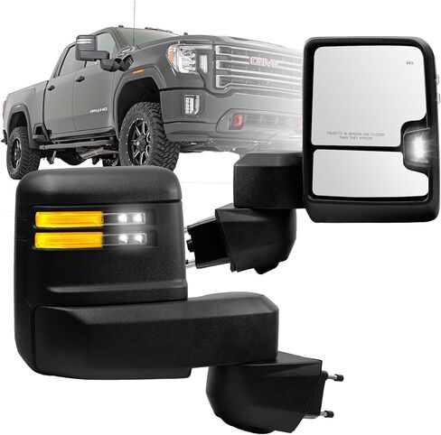 Driver Left Side Towing Mirror for Chevy Silverado & GMC Sierra 2500 HD 3500 HD for 2019-2024, with Heated Manual Folding Power Glass Turn Signal & Running & Puddle Lamp BSM Light (11 Pins) in Kuwait