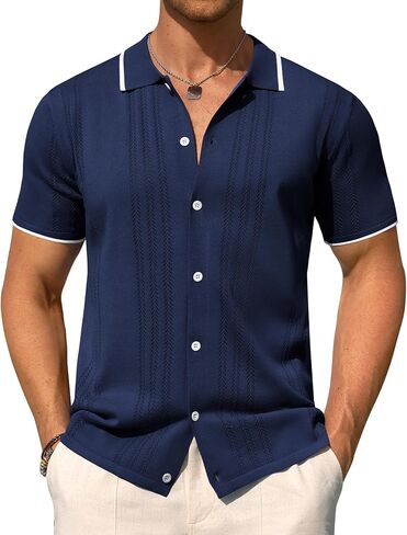 Alimens & Gentle Mens Knit Shirt Short Sleeve Button Down Shirt Textured Casual Summer Beach Polo Shirts in Saudi Arabia