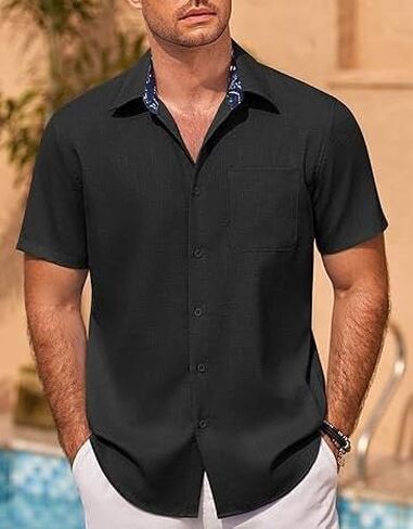 Men's Linen Short Sleeve Button Down Shirts Casual Summer Beach Vacation Shirts in Saudi Arabia
