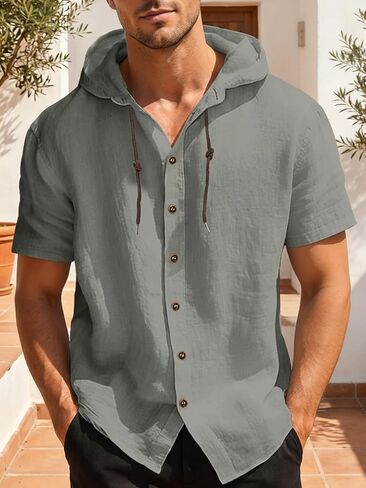 Men's Casual Sweatshirt Short Sleeve Shirts Button Down Drawstring Hooded Shirts in Saudi Arabia