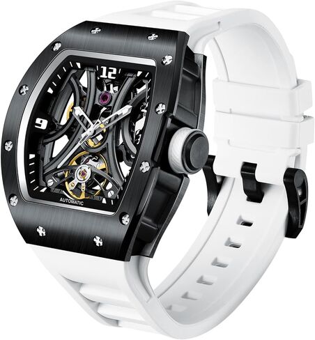 Automatic Analog Watches for Men Mechanical Mens Watches Stainless Steel Case 5ATM Waterproof Fashion Luxury Wrist Black Watches with Silicone Strap in Saudi Arabia