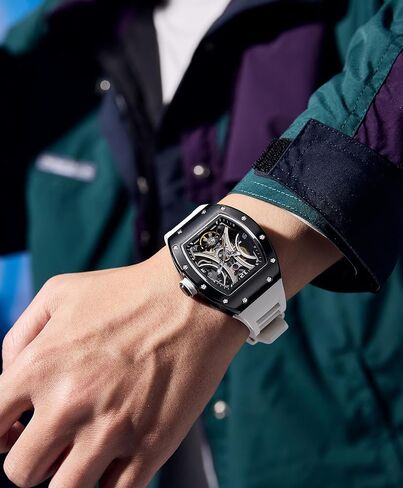Automatic Analog Watches for Men Mechanical Mens Watches Stainless Steel Case 5ATM Waterproof Fashion Luxury Wrist Black Watches with Silicone Strap in Saudi Arabia