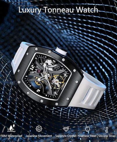 Automatic Analog Watches for Men Mechanical Mens Watches Stainless Steel Case 5ATM Waterproof Fashion Luxury Wrist Black Watches with Silicone Strap in Saudi Arabia