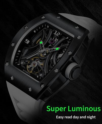 Automatic Analog Watches for Men Mechanical Mens Watches Stainless Steel Case 5ATM Waterproof Fashion Luxury Wrist Black Watches with Silicone Strap in Saudi Arabia