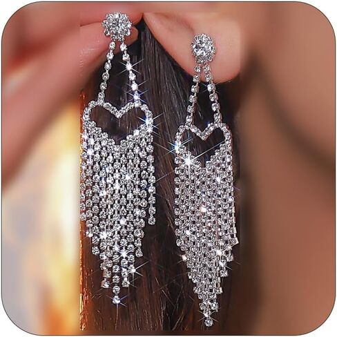 Rhinestone Drop Earrings for Women Sparkly Long Tassel Earrings Dangling Crystal Statement Prom Earrings Wedding Party Dress Outfit Jewerly Gifts in Kuwait