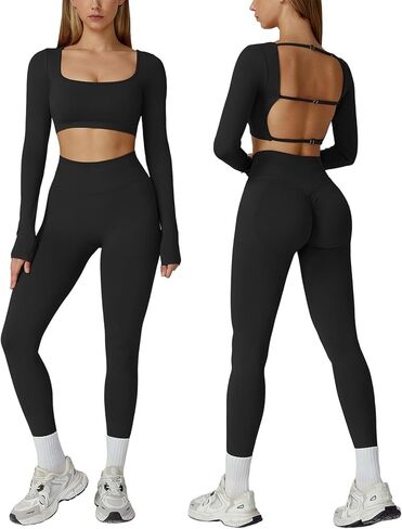Women's Gym Sets Long Sleeve Open Back Crop Top High Waist Leggings Workout Tracksuit Sets Yoga 2 Piece Outfits in Kuwait