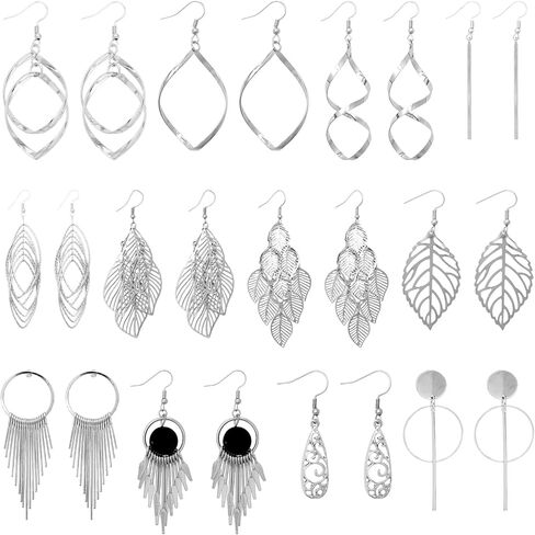 12 Pairs Silver Drops Dangle Earrings Boho Fashion Jewelry Vintage Statement Boho Bohemian Long Earrings Trendy Stuff Holiday Festive Gift for Women Birthday Party Wedding Party Prom Decorations in Kuwait