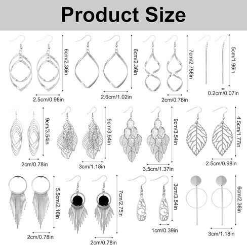 12 Pairs Silver Drops Dangle Earrings Boho Fashion Jewelry Vintage Statement Boho Bohemian Long Earrings Trendy Stuff Holiday Festive Gift for Women Birthday Party Wedding Party Prom Decorations in Kuwait