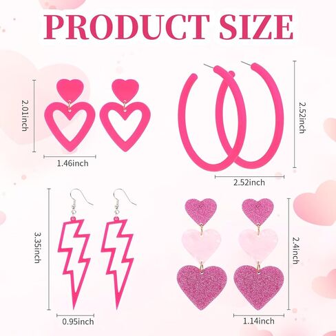 CAVETEE 8PCS Hot Pink Heart Earrings for Women, Dangle Earrings Cute Love Earrings for Her Lightweight Big Hoop Earrings 80s Party Accessories in Kuwait