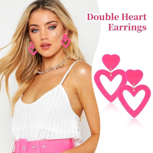 CAVETEE 8PCS Hot Pink Heart Earrings for Women, Dangle Earrings Cute Love Earrings for Her Lightweight Big Hoop Earrings 80s Party Accessories in Kuwait