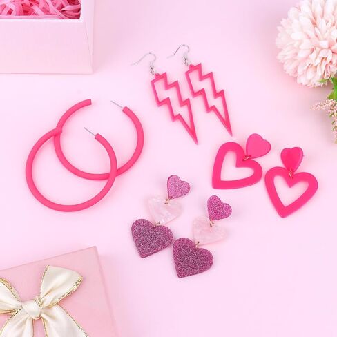 CAVETEE 8PCS Hot Pink Heart Earrings for Women, Dangle Earrings Cute Love Earrings for Her Lightweight Big Hoop Earrings 80s Party Accessories in Kuwait
