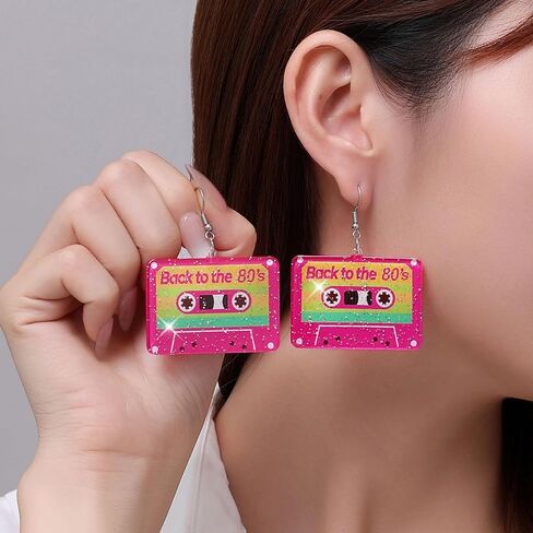 80s Earrings for Women Sparkling Back to the 80’s Cassette Tape Earrings Acrylic Drop Dangle Earring for Glow Party Halloween Cosplay Jewelry in Saudi Arabia