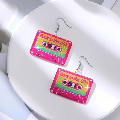 80s Earrings for Women Sparkling Back to the 80’s Cassette Tape Earrings Acrylic Drop Dangle Earring for Glow Party Halloween Cosplay Jewelry in Saudi Arabia