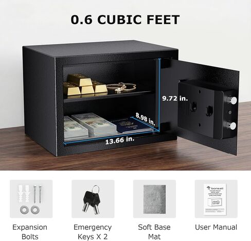 Bonsaii 0.6 Cubic Fingerprint Safe Box, Biometric Security Safe with Electronic Keypad & Removable Shelf for Valuables, Jewelry, Documents, Home Office Hotel Use, 9.84" x 13.78" x 9.84", SF002 in Kuwait