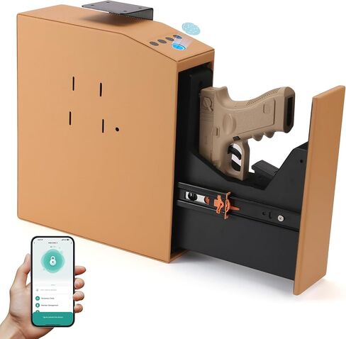 Gun Safe Biometric Slider Handgun Safe for Nightstand, Desk, Bedside,Truck - Auto Sliding Door Gun Safe for Pistols - with Fingerprint,Code,APP and Key 4 Ways 0.1s Quick Access (Brown) in Saudi Arabia