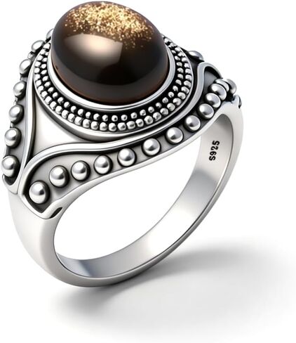 Retro S925 Sterling Silver Statement Thumb Index Chunky Band Ring,Natural Black Obsidian Wide Band Ring,Cocktail Party Bohemian Jewelry for Women in Saudi Arabia