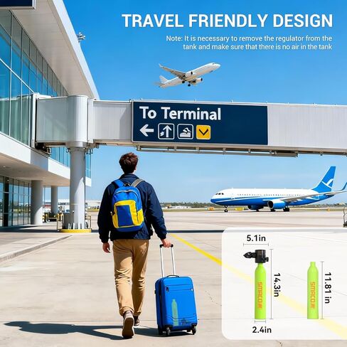 SMACO Mini Scuba Tank 0.5L خزان غوص سكوبا محمول يدعم حوالي 6 دقائق للتنفس تحت الماء، أسطوانة غوص بسعة 0.5 لتر 3000 رطل لكل بوصة مربعة/200 بار أقصى ضغط للغوص بعمق 33 قدمًا in Kuwait