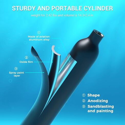 SMACO Mini Scuba Tank 0.5L خزان غوص سكوبا محمول يدعم حوالي 6 دقائق للتنفس تحت الماء، أسطوانة غوص بسعة 0.5 لتر 3000 رطل لكل بوصة مربعة/200 بار أقصى ضغط للغوص بعمق 33 قدمًا in Kuwait