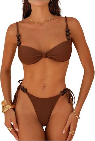 SHENHE Women's String Bikini Set 2 Piece Side Tie Ruched Beads Low Rise Padded Swimsuits in Saudi Arabia