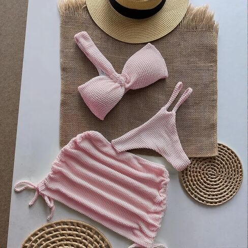 Women's 3 Piece Solid Color Bikini Set with Ruched Cover Up Skirt Swimsuit for Beach Pool Water Sports with Padded Cups in Saudi Arabia