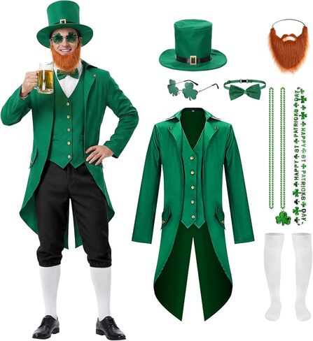 Leprechaun Costume Men,Irish Costume Include Leprechaun Beard Jacket Vest Hat,St Patricks Day Costumes for Men in Kuwait