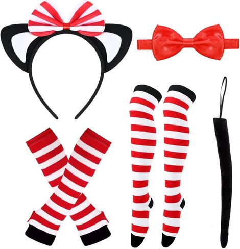 5 Pcs Striped Cat Costume Accessories Set Include Cat Ears Headband Bow Tail Red and White Striped Gloves Knee Socks for World Book Day Cosplay in Kuwait