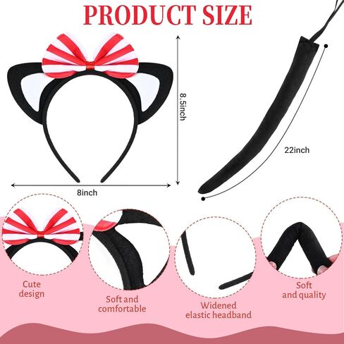5 Pcs Striped Cat Costume Accessories Set Include Cat Ears Headband Bow Tail Red and White Striped Gloves Knee Socks for World Book Day Cosplay in Kuwait