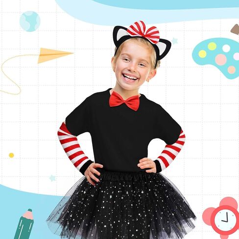 5 Pcs Striped Cat Costume Accessories Set Include Cat Ears Headband Bow Tail Red and White Striped Gloves Knee Socks for World Book Day Cosplay in Kuwait