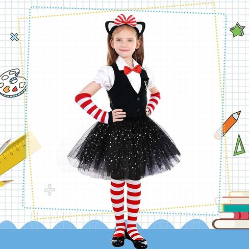 5 Pcs Striped Cat Costume Accessories Set Include Cat Ears Headband Bow Tail Red and White Striped Gloves Knee Socks for World Book Day Cosplay in Kuwait
