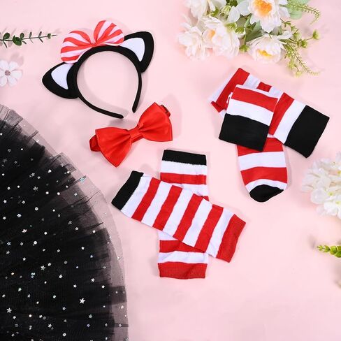 5 Pcs Striped Cat Costume Accessories Set Include Cat Ears Headband Bow Tail Red and White Striped Gloves Knee Socks for World Book Day Cosplay in Kuwait