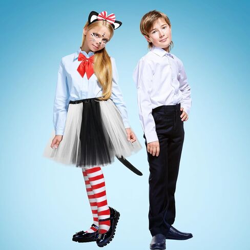 5 Pcs Striped Cat Costume Accessories Set Include Cat Ears Headband Bow Tail Red and White Striped Gloves Knee Socks for World Book Day Cosplay in Kuwait