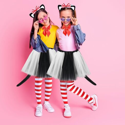 5 Pcs Striped Cat Costume Accessories Set Include Cat Ears Headband Bow Tail Red and White Striped Gloves Knee Socks for World Book Day Cosplay in Kuwait