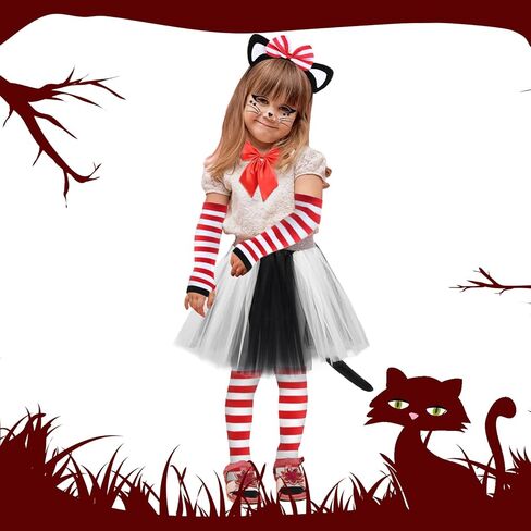 5 Pcs Striped Cat Costume Accessories Set Include Cat Ears Headband Bow Tail Red and White Striped Gloves Knee Socks for World Book Day Cosplay in Kuwait