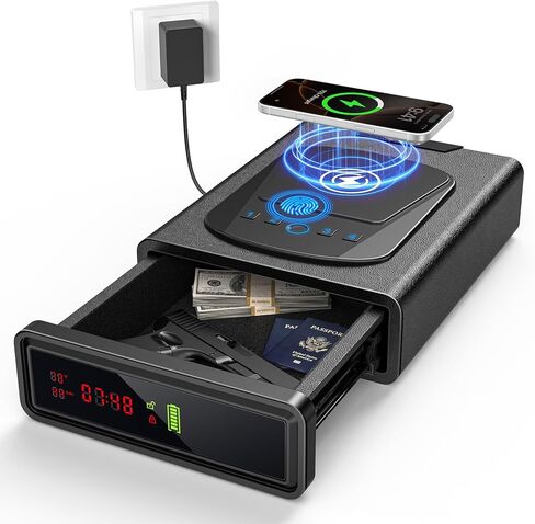 CVLIFE Biometric Gun Safe for Handgun, Fingerprint Gun Safe with Watch & Phone Wireless Charging, 3-in-1 Alarm Clock Pistol Safe, Adjustable LED Light for Home Nightstand Bedside in Kuwait