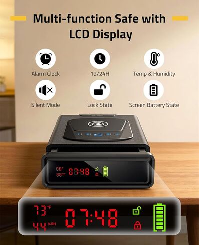 CVLIFE Biometric Gun Safe for Handgun, Fingerprint Gun Safe with Watch & Phone Wireless Charging, 3-in-1 Alarm Clock Pistol Safe, Adjustable LED Light for Home Nightstand Bedside in Kuwait