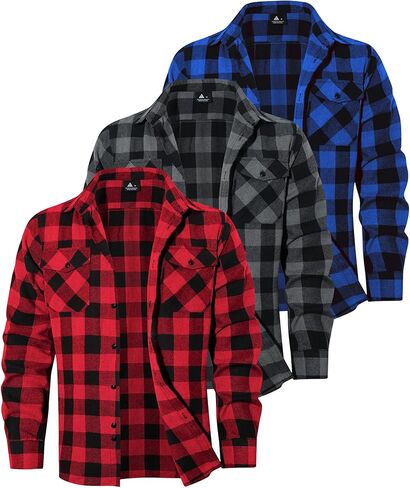3 Pack Mens Long-Sleeve Button-Down Shirt Cotton Tops Casual Collared Blouses Loose Fit Plaid Flannel Shirts in Saudi Arabia