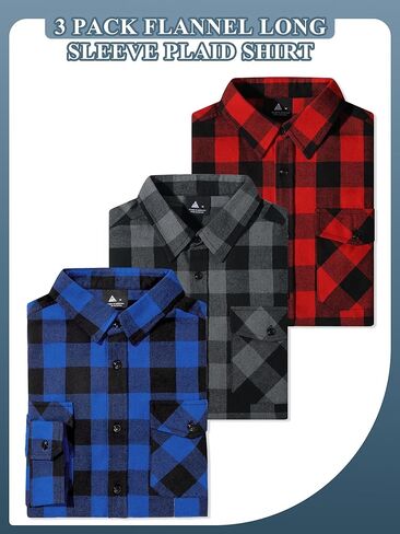 3 Pack Mens Long-Sleeve Button-Down Shirt Cotton Tops Casual Collared Blouses Loose Fit Plaid Flannel Shirts in Saudi Arabia