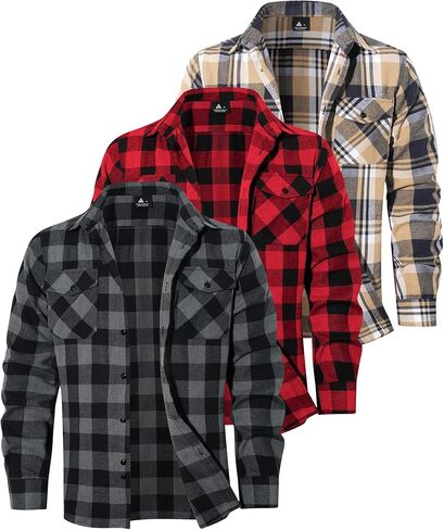 3 Pack Mens Long-Sleeve Button-Down Shirt Cotton Tops Casual Collared Blouses Loose Fit Plaid Flannel Shirts in Saudi Arabia