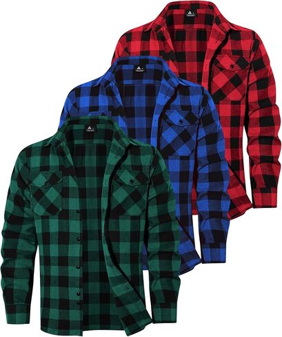 3 Pack Mens Long-Sleeve Button-Down Shirt Cotton Tops Casual Collared Blouses Loose Fit Plaid Flannel Shirts in Saudi Arabia