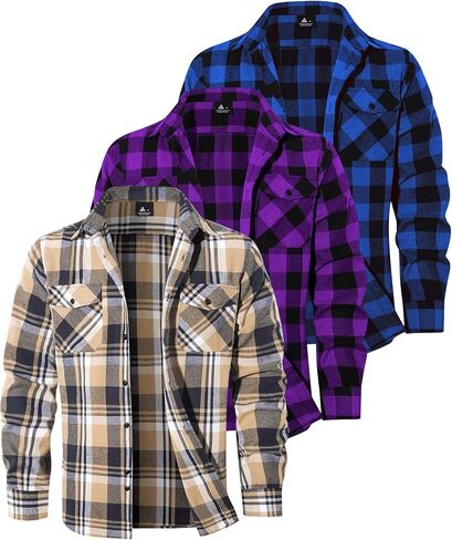 3 Pack Mens Long-Sleeve Button-Down Shirt Cotton Tops Casual Collared Blouses Loose Fit Plaid Flannel Shirts in Saudi Arabia