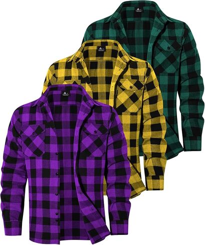 3 Pack Mens Long-Sleeve Button-Down Shirt Cotton Tops Casual Collared Blouses Loose Fit Plaid Flannel Shirts in Saudi Arabia