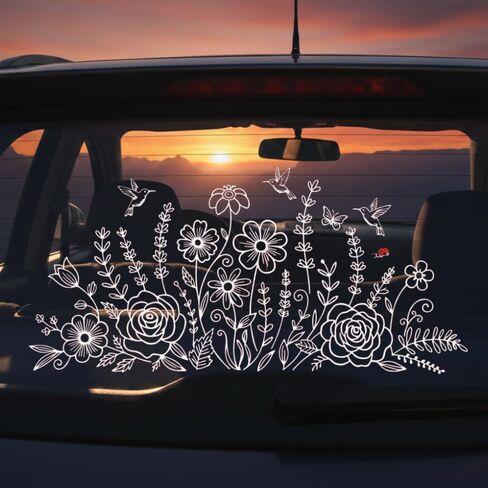 ملصق سيارة Wildflower Boho Daisy Flower لنافذة السيارة، ملصق زهور من الفينيل الأبيض الجمالي مع الخنفساء، أبيض، 7.8 بوصة، حزمة من 2 in Kuwait