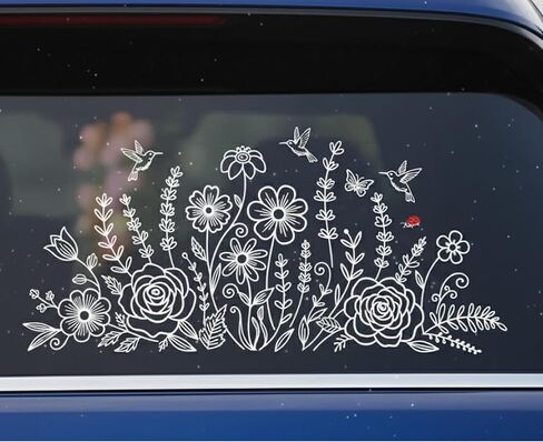 ملصق سيارة Wildflower Boho Daisy Flower لنافذة السيارة، ملصق زهور من الفينيل الأبيض الجمالي مع الخنفساء، أبيض، 7.8 بوصة، حزمة من 2 in Kuwait